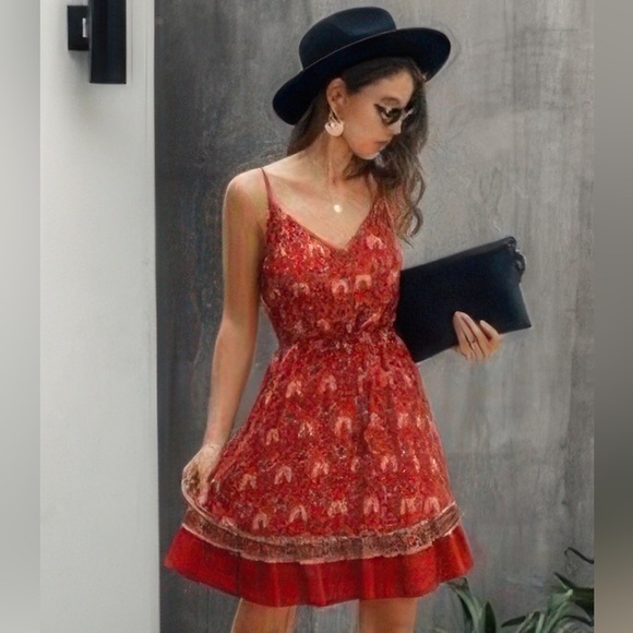 Red Floral spaghetti strap button down ruffle mini dress - Picture 1 of 3